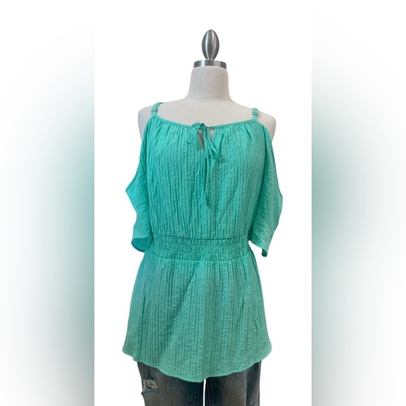 Lane Bryant Aqua Cold Shoulder Blouse - Picture 2 of 9